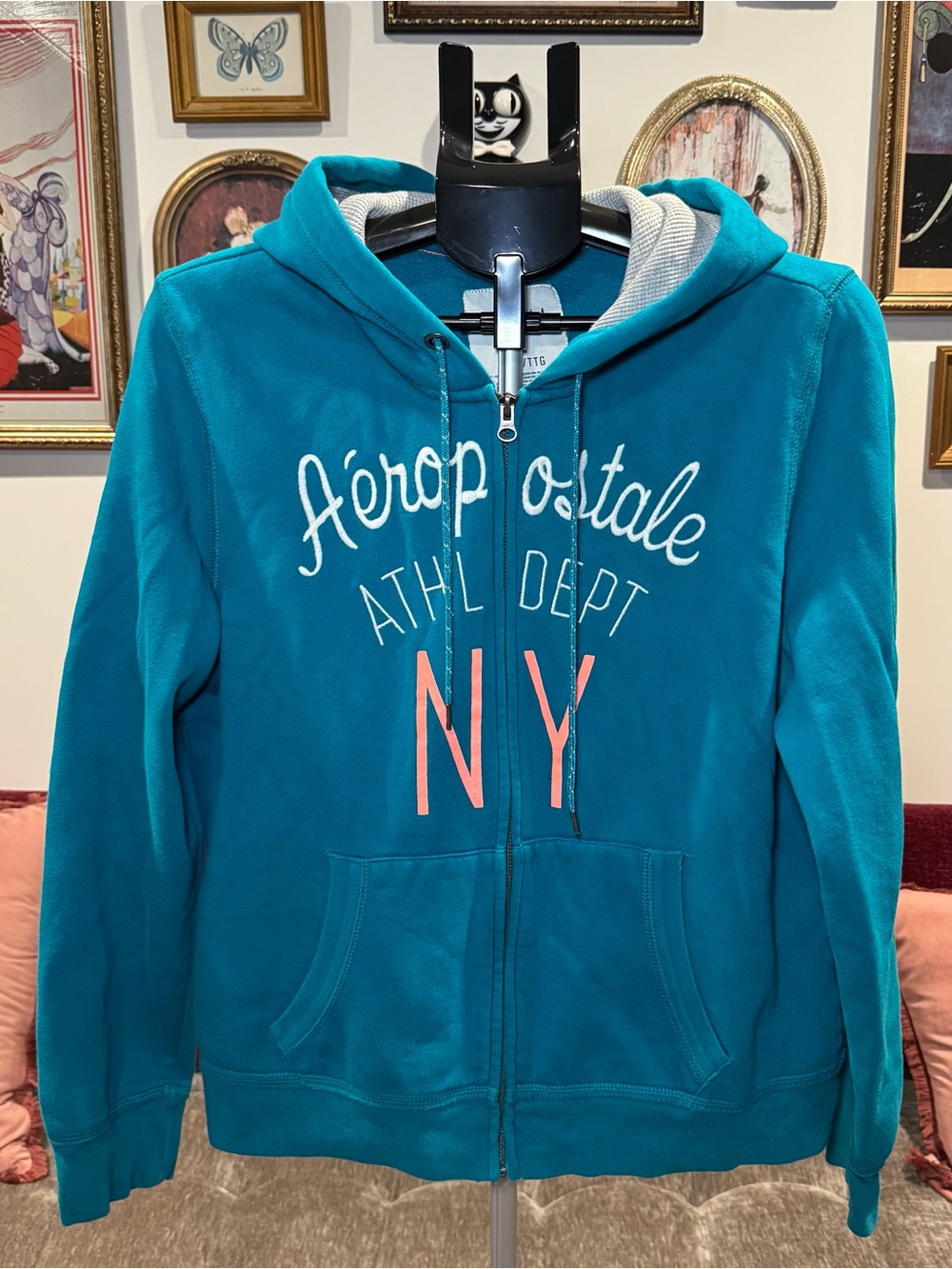 Y2K Aeropostale Teal Waffle-Lined Zip Hoodie with NY Logo